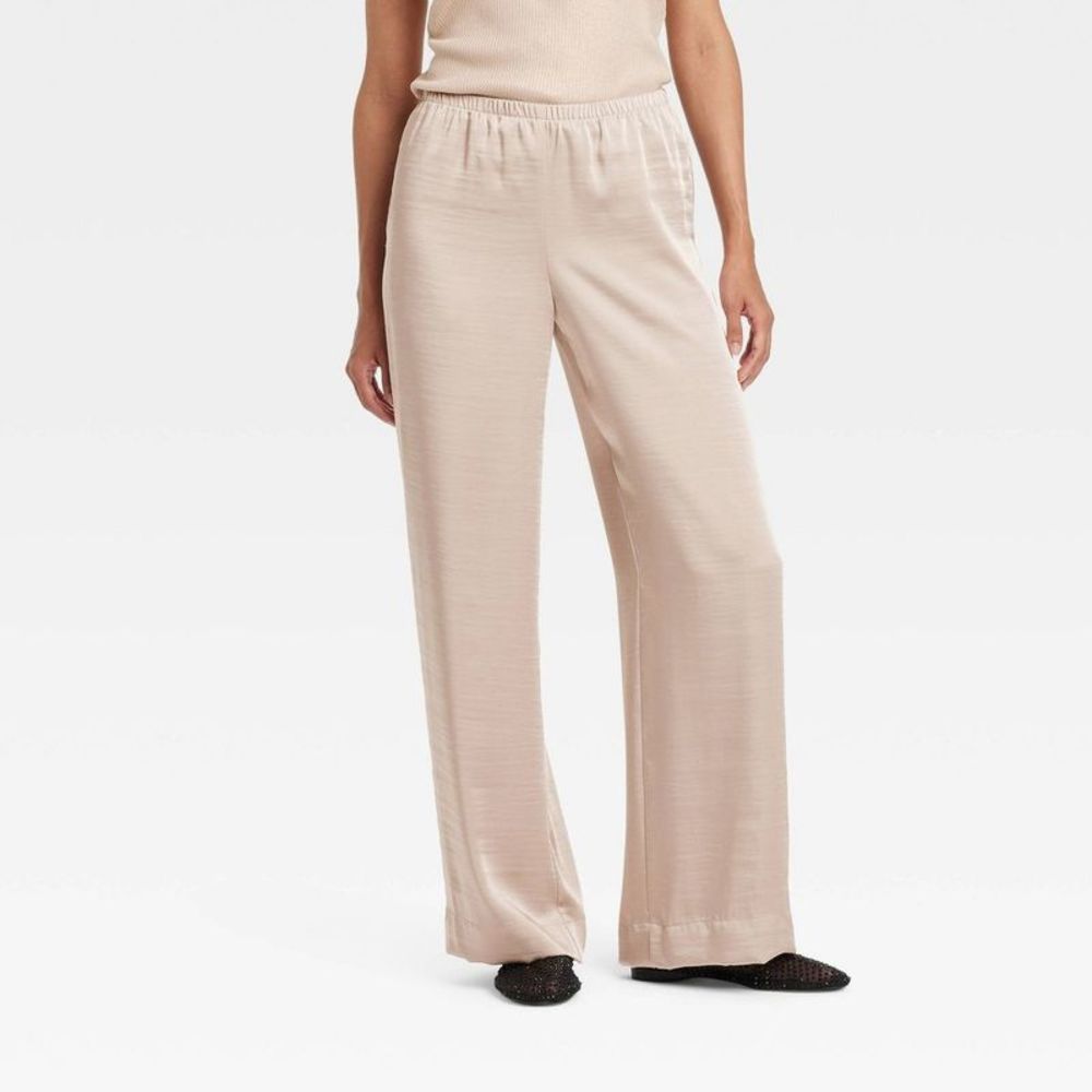 A New Day - Women's Mid-Rise Straight Leg Satin Pull-On Pants Cream